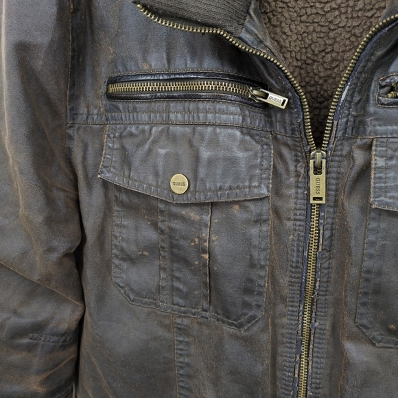 Guess Faux Leather Men's Medium Bomber Jacket Sherpa Lined Field Cargo Military‎ - Picture 7 of 14
